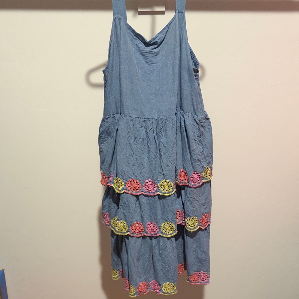 Girls Chambray Blue Tiered Sundress with Pink & Yellow Crochet Trim